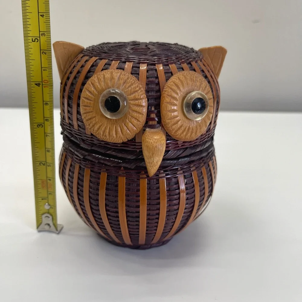 Owl Trinket Basket Small Brown Woven Bamboo Folk Art Functional Decor Vintage